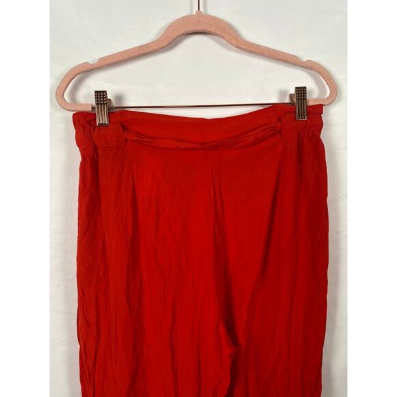 H&M Women Red Cullote Crop Paperbag Pants Pockets Belted Elastic Waist Size 8 - Picture 2 of 10